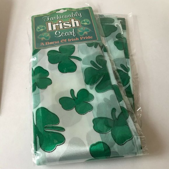 Green Satin Irish Celtic Shamrock Scarf White St. Patricks Day Chiffon 57" X 8" - Picture 5 of 9
